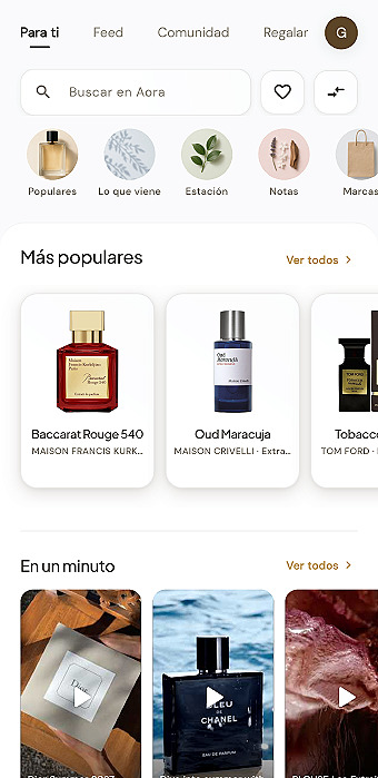Sección Descubrir de Aora